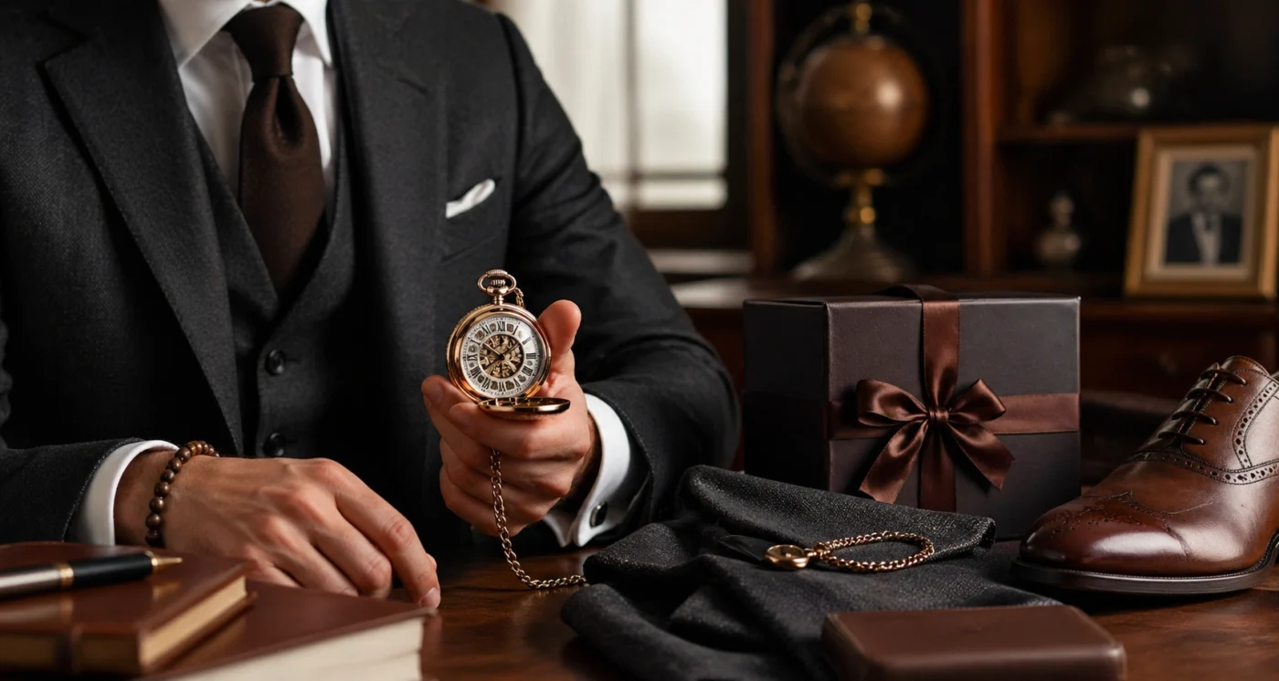 elegant man holding a pocket watch with formal outfit and gift box