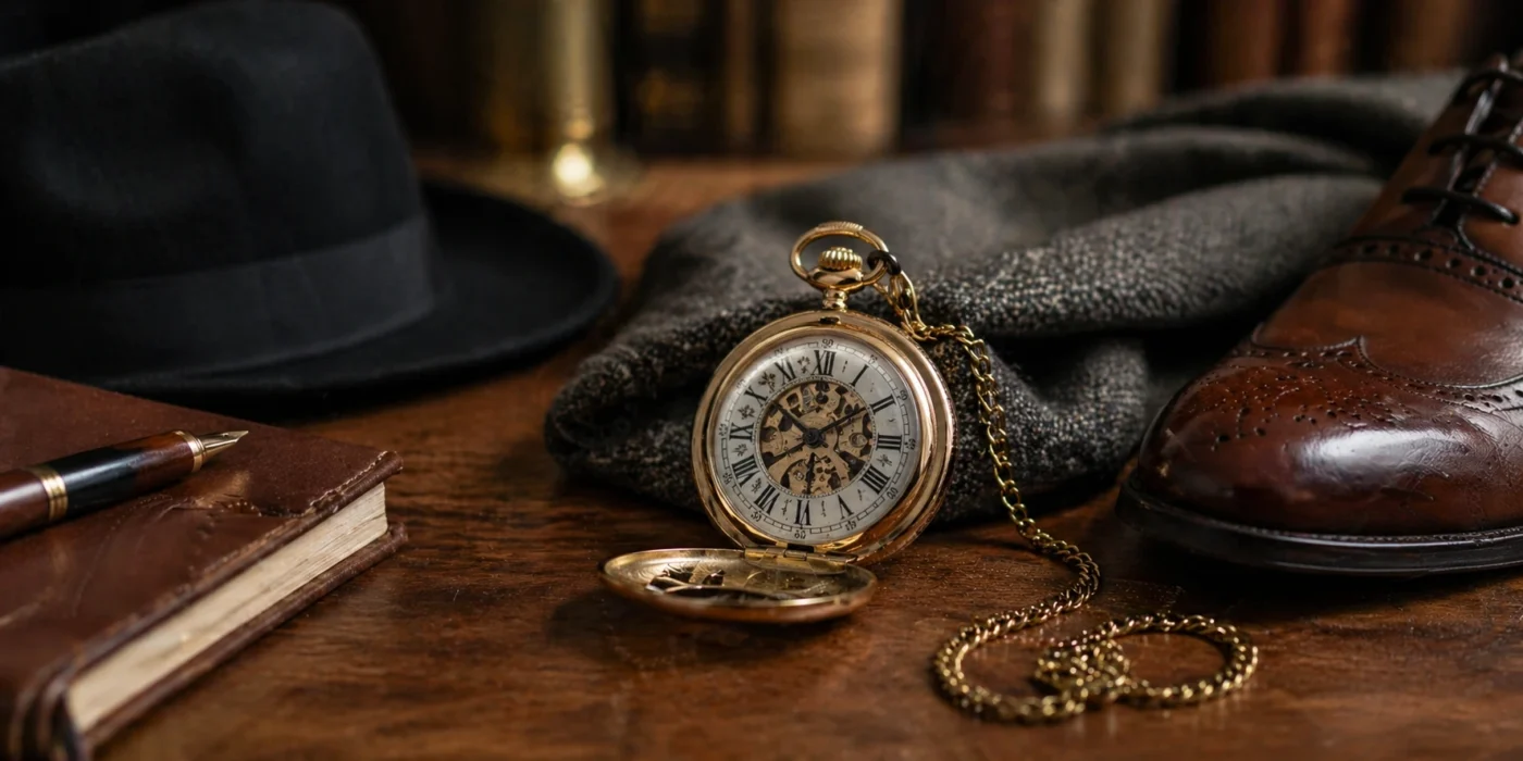 vintage pocket watch on wooden desk with elegant menswear accessories