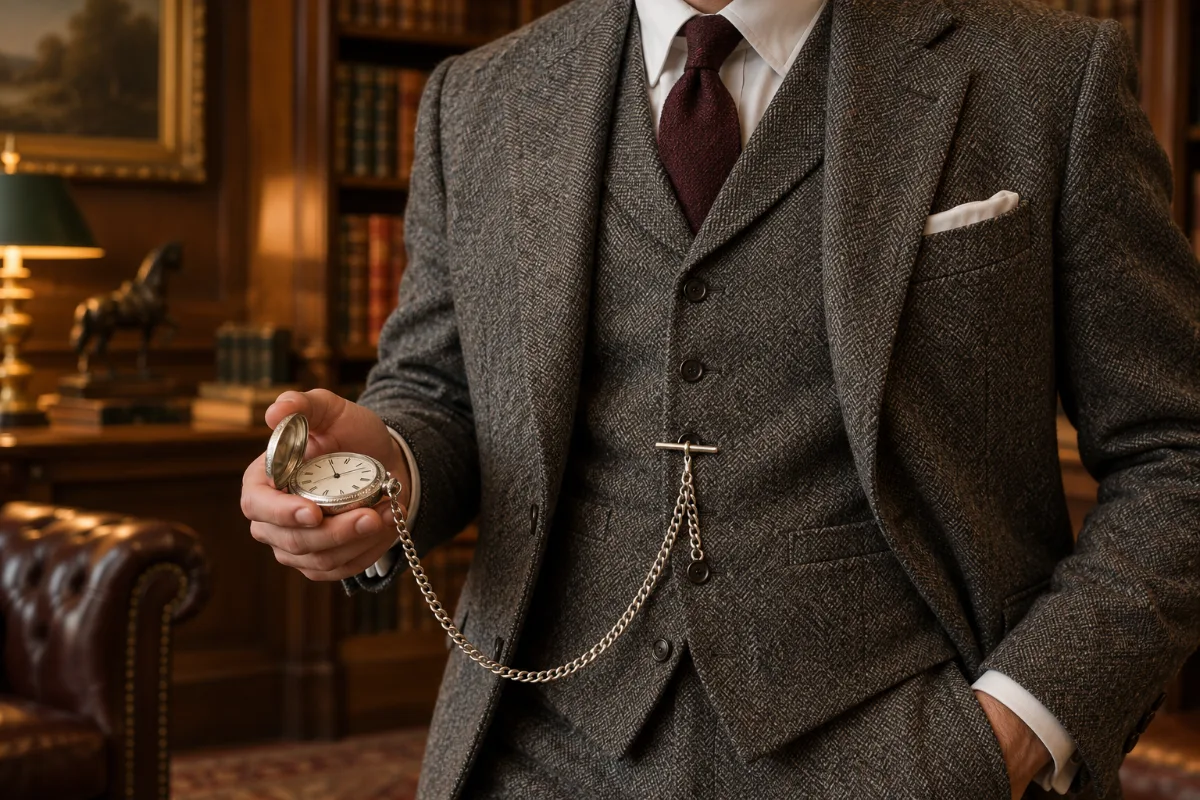 Man in a grey tweed three-piece suit wearing a silver pocket watch on an Albert chain with a T-bar through the waistcoat buttonhole